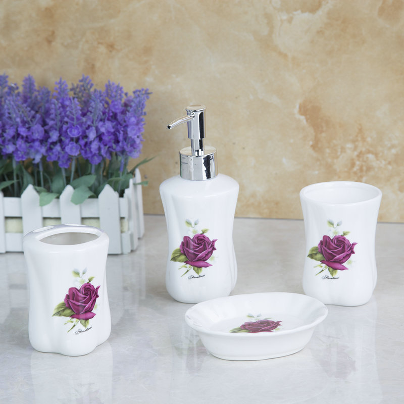 purple flower ceramic soap dish dispenser tumbler toothbrush holder bathroom accessory set xld8017