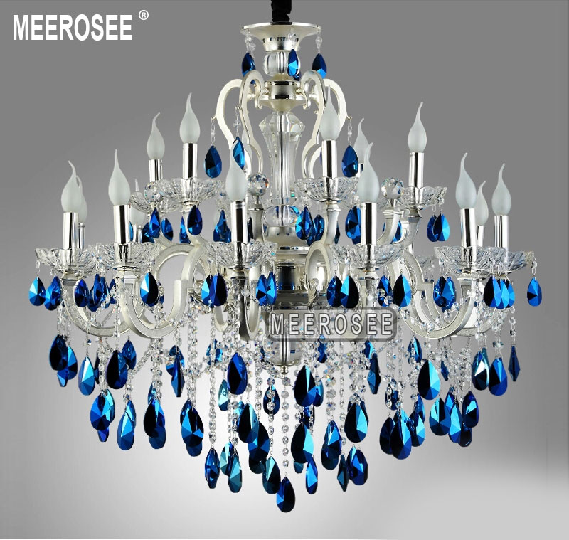 modern large 18 arms silver crystal chandelier light blue crystal lustre light hanging lamp fixture for foyer lobby md8453 l18 - Click Image to Close