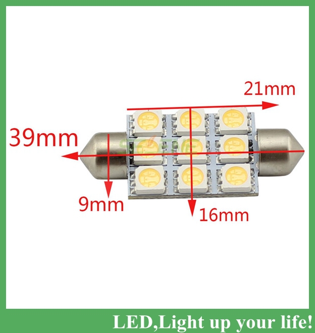 10pcs/lot car lights 39mm luggage compartment lights 5050 smd highbright 9led festoon dome car led bulb