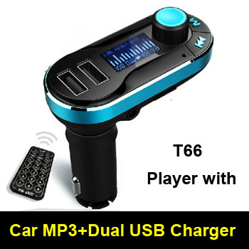 1pcs/lot t66 mp3 player double sub chargers car kit fm transmitter with car audio remote control lcd display zm01100
