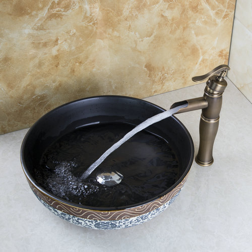 hello bathroom sink washbasin ceramic +antique brass tall waterfall faucet 460197119 lavatory bath combine set tap mixer faucet