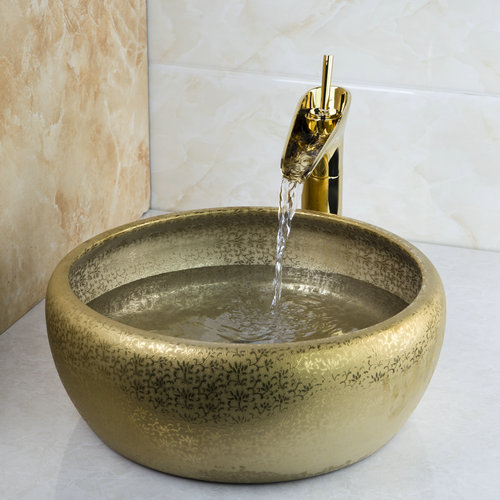 hello round bathroom sink washbasin ceramic +waterfall basin brass faucet 460497120 lavatory bath combine set tap mixer faucet