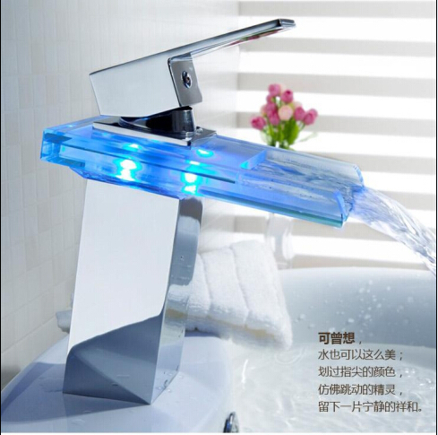 copper chrome led lighting waterfall bathroom faucet and cold mixer tap for sink torneira bahtroom led banheiro grifo led