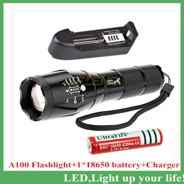 a100 cree xm-l t6 1000 lumens zoomable led flashlight torch light +1 * 4000mah 18650 rechargeable battery + charger - Click Image to Close