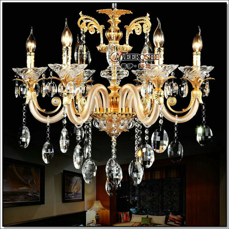 european golden crystal chandelier with 6 glass arms cristal lustres for living room with fabric lampshades md88006