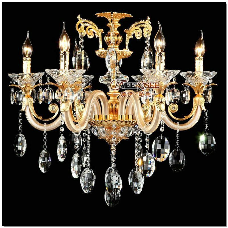 european golden crystal chandelier with 6 glass arms cristal lustres for living room with fabric lampshades md88006