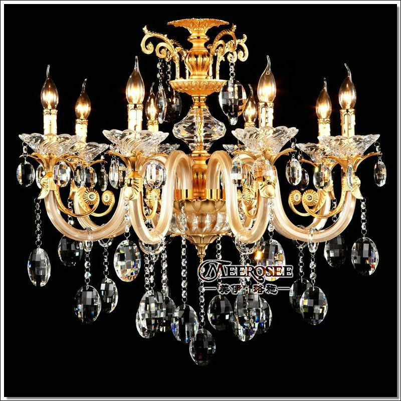 european golden crystal chandelier with 8 glass arms cristal lustres of living with fabric lampshades md88006