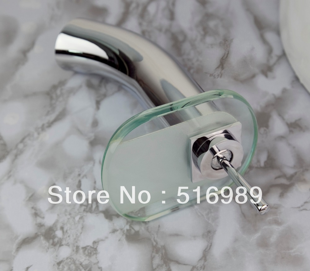 tempered glass single hole waterfall faucet bathroom basin brass mixer tap - chrome tree595