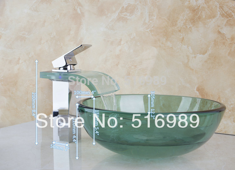 beautiful colorful led chrome tap real estate green round basin bathroom basin faucet with drainer glass lavatory basin set - Click Image to Close