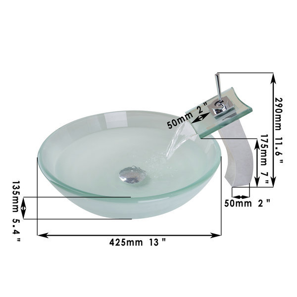 frosted victory glass bowl,sink,wash square chrome waterfall faucet with round tempered glass bathroom sink set 40678221a