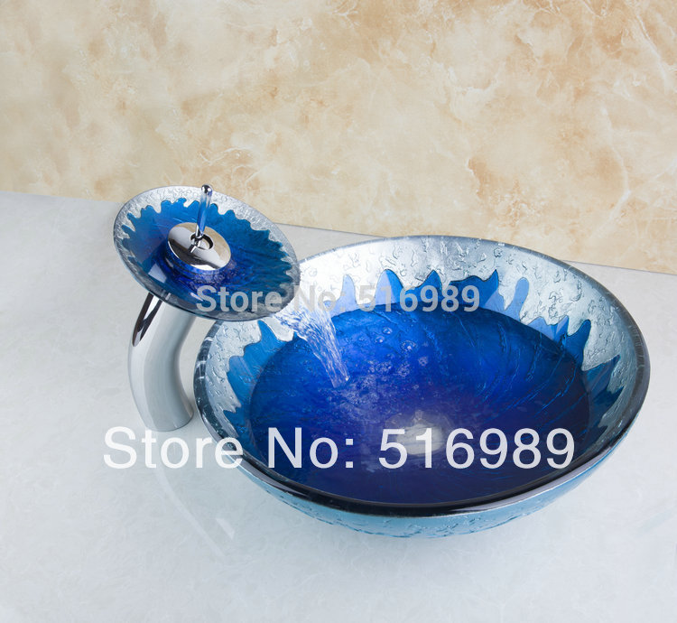 good quality blue and white model chrome faucet bathroom basin faucets with drainer glass lavatory basin set
