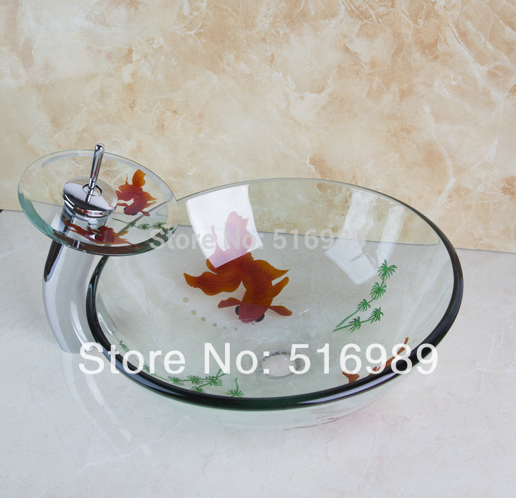 newly golden fish washbasin tempered bathroom nice glass sink with water faucet basin set
