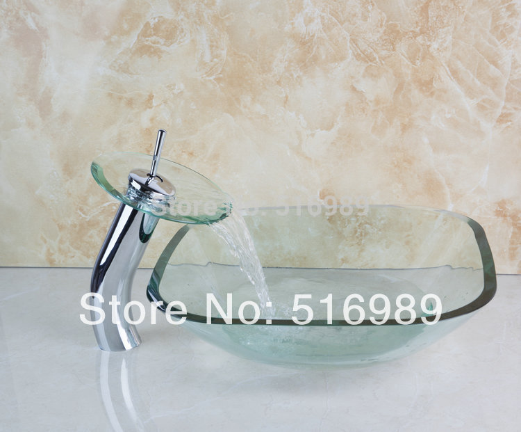reasonable price clear square chrome basin faucets washbasin bathroom glass sink with water pop up drain basin set
