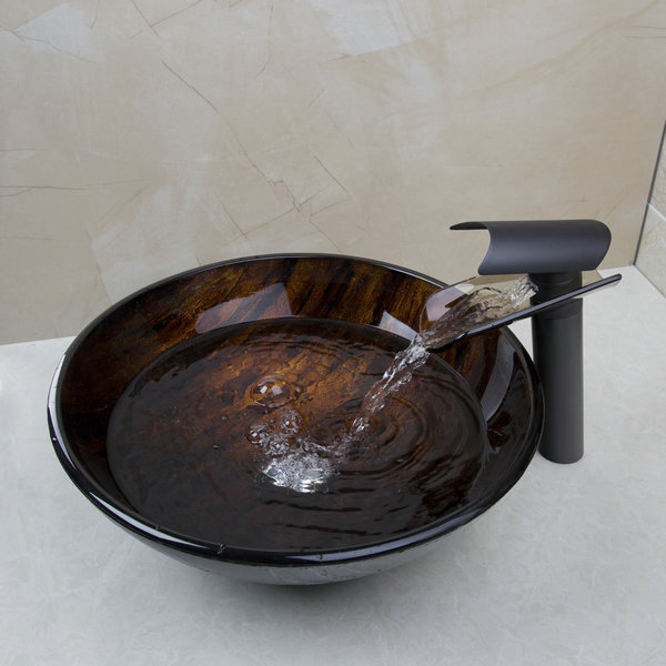 tempered glass basin sink with oil rubbed bronze waterfall faucet taps,bathroom water drain bathroom sink set 428097011-1