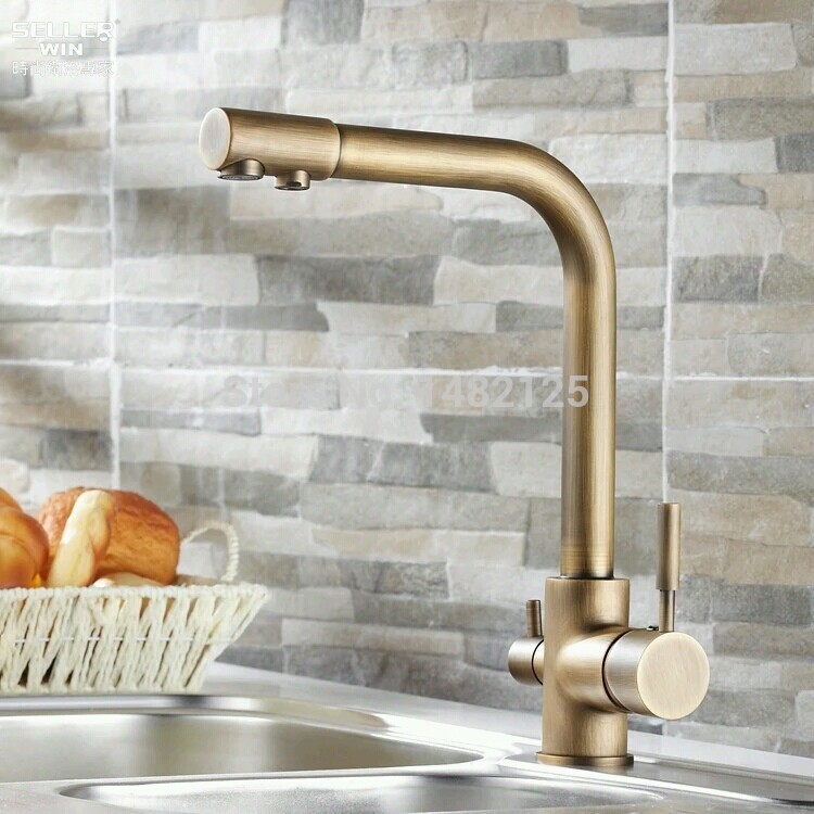 antique brass vintage kitchen faucet sink mixer 3-way pure water filter tap