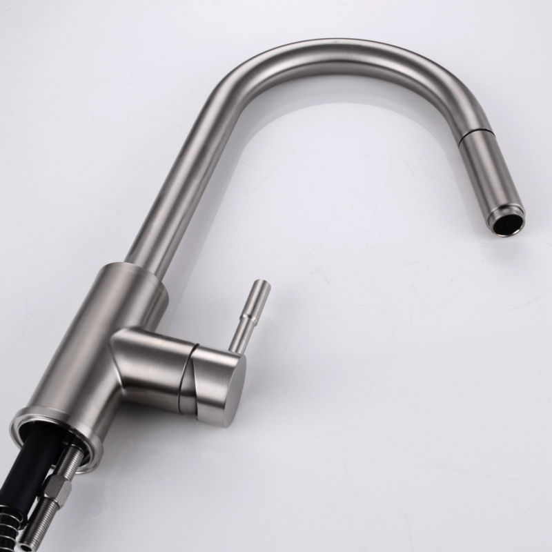 lead- single handle high arc pull down kitchen faucet with swivel spout brushed stainless steel
