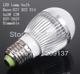 12w led bulb,dimmable bubble ball bulb ac85-265v ,e14 e27 b22 ,silver/gold shell color,warm/cool white,4*3w +