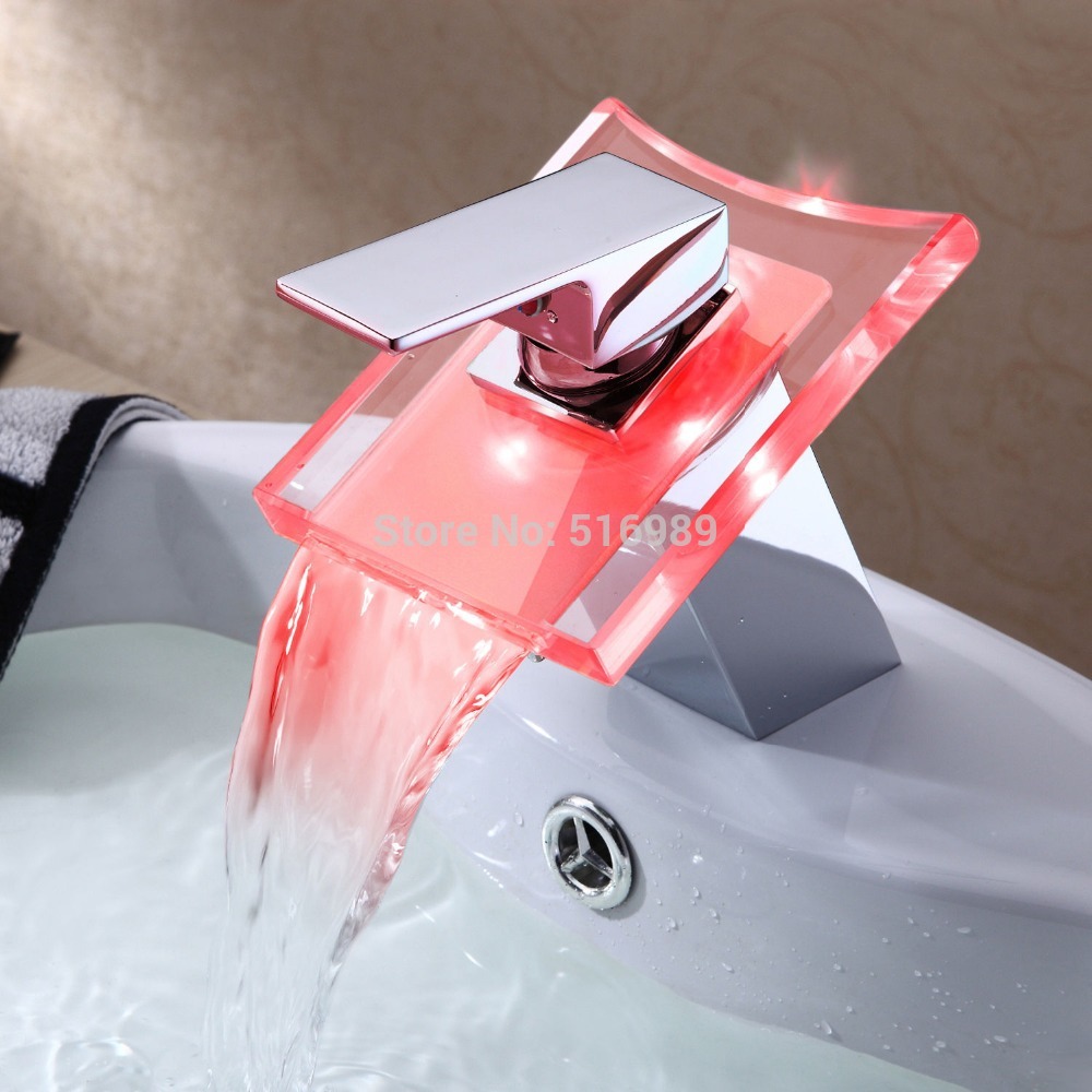 bathroom vanity square toughen glass waterfall led sink basin mixer tap faucet leon40 - Click Image to Close