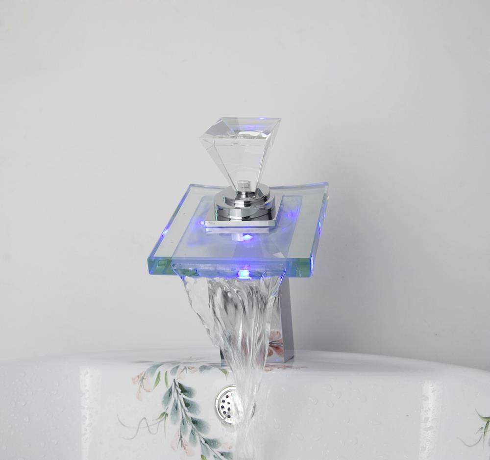 diamond style color changing led waterfall bathroom wash basin sink mixer tap faucets (glass handle) nb-108
