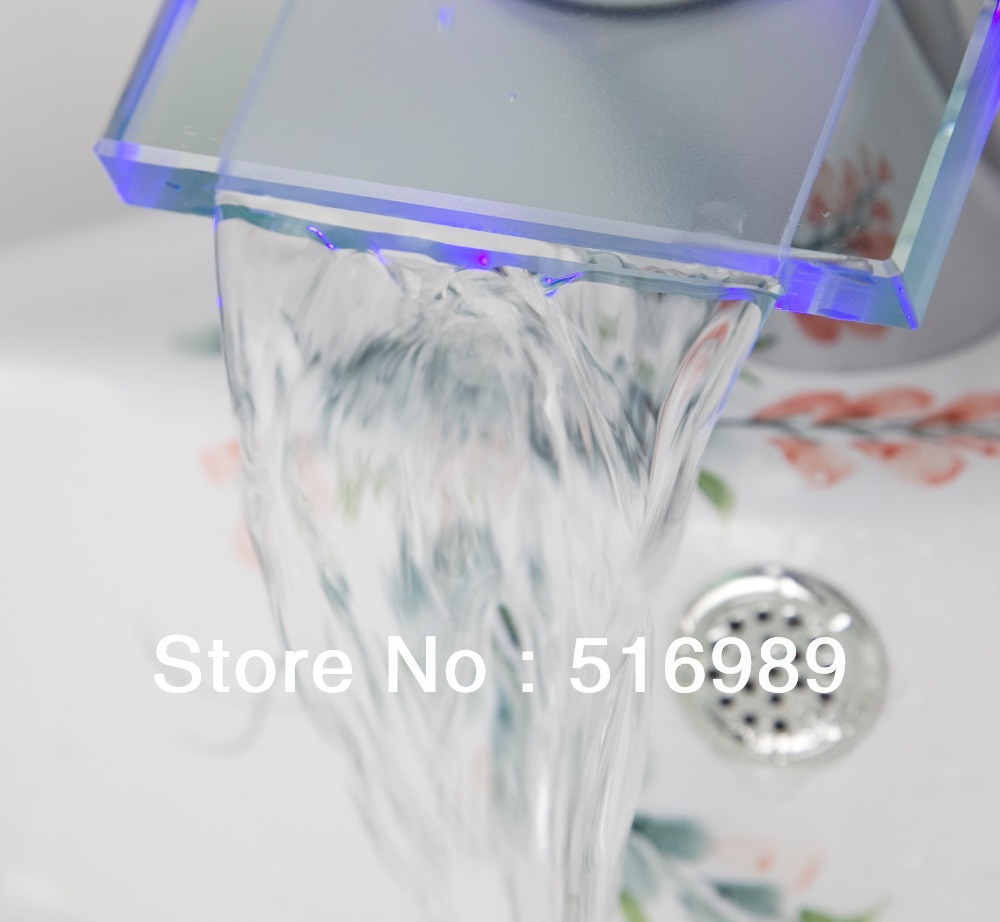luxury led color changing bathroom basin faucet modern square waterfall spout mixer tap faucet glass1