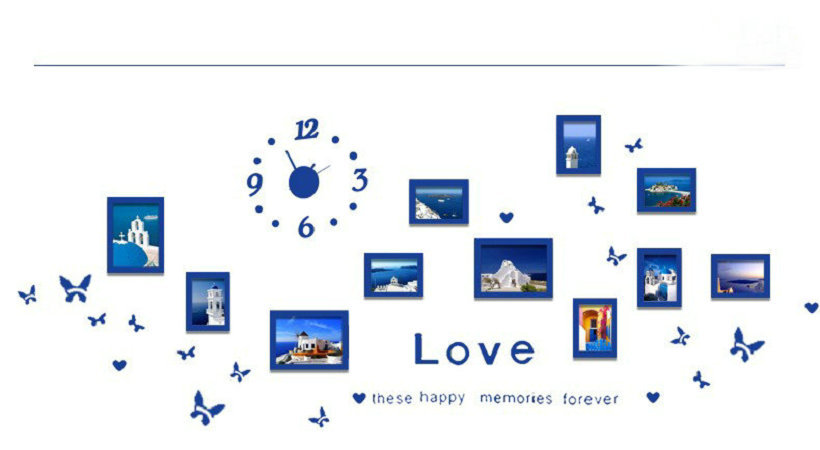 11pcs clock blue decor wood picture pos creative combination wall mounted po frame - Click Image to Close
