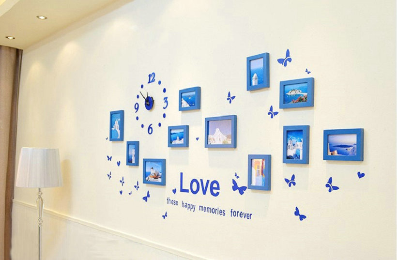 11pcs clock blue decor wood picture pos creative combination wall mounted po frame - Click Image to Close