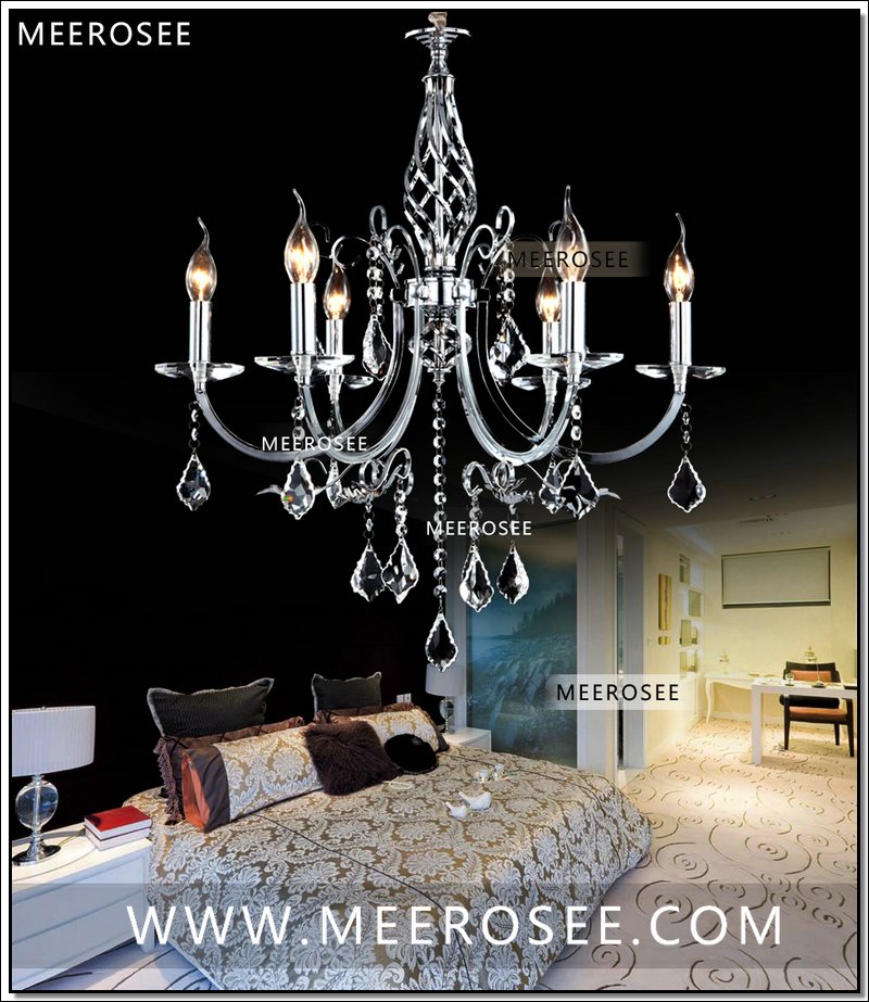 small 6 arms wrought iron silver crystal chandeliers light modern pendelleuchte hanging lighting with k9 crystal md68007-l6